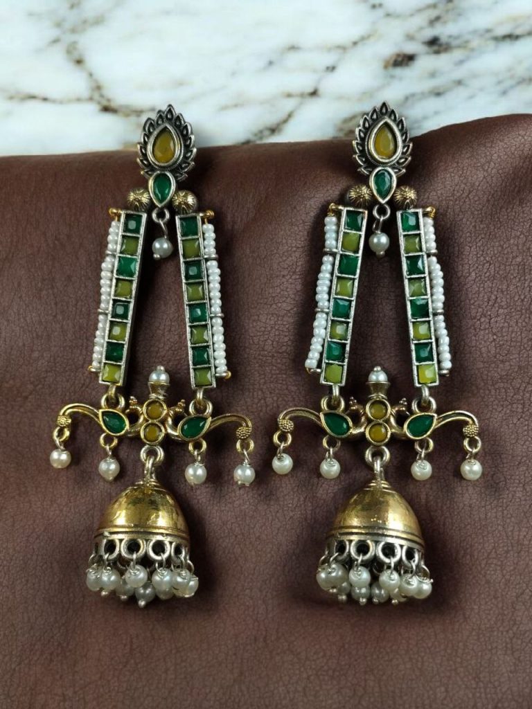 Bulk 626 Traditional Long Two-Tone Jhumki Earrings | Pearl & Stone Work Dangler Amazing Jewelry for Women - "Yellow-Green"