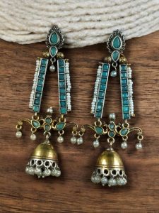 Traditional Long Two-Tone Jhumki Earrings | Pearl & Stone Work Dangler Amazing Jewelry for Women - color: "Mint"