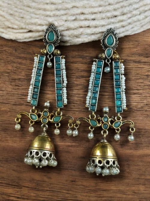 Traditional long two-tone jhumki earrings with pearl and stone work