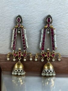 Traditional Long Two-Tone Jhumki Earrings | Pearl & Stone Work Dangler Amazing Jewelry for Women - color: "Red"