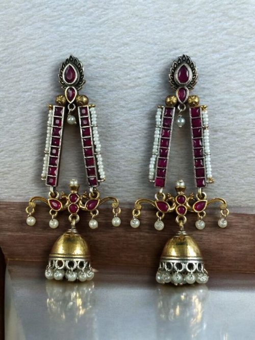 Traditional long two-tone jhumki earrings with pearl and stone work