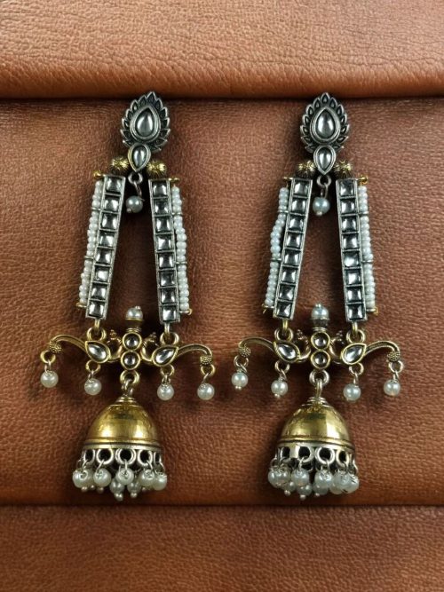 Traditional long two-tone jhumki earrings with pearl and stone work