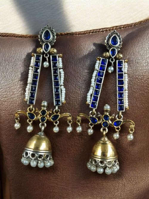Traditional long two-tone jhumki earrings with pearl and stone work