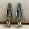 Traditional long two-tone jhumki earrings with pearl and stone work