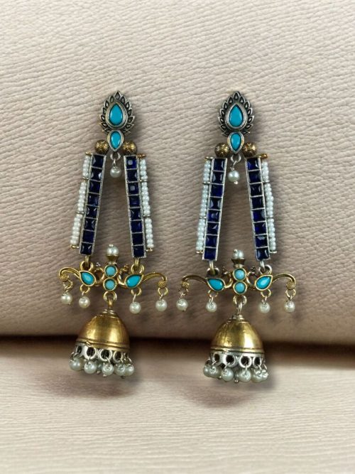 Traditional long two-tone jhumki earrings with pearl and stone work