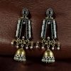 Traditional long two-tone jhumki earrings with pearl and stone work