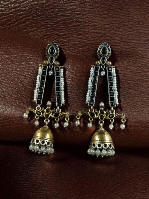 Traditional long two-tone jhumki earrings with pearl and stone work