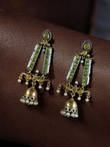 Traditional Long Two-Tone Jhumki Earrings | Pearl & Stone Work Dangler Amazing Jewelry for Women - color: "Yellow"