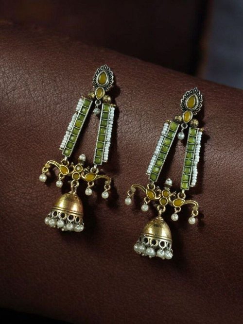 Traditional long two-tone jhumki earrings with pearl and stone work