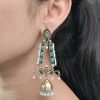 Traditional long two-tone jhumki earrings with pearl and stone work