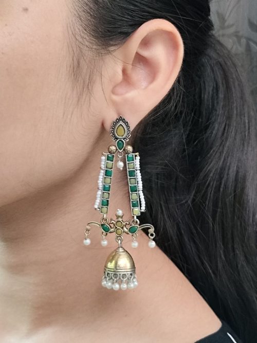 Traditional long two-tone jhumki earrings with pearl and stone work
