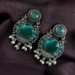 Beautiful Floral Art Earrings | Traditional Oxidized Silver Plated Pearl Work & Monalisa Stone Jewelry - "Mint"