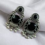 Beautiful Floral Art Earrings | Traditional Oxidized Silver Plated Pearl Work & Monalisa Stone Jewelry - "Black"