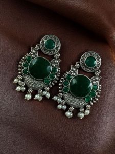 Beautiful Floral Art Earrings | Traditional Oxidized Silver Plated Pearl Work & Monalisa Stone Jewelry - color: "Green"