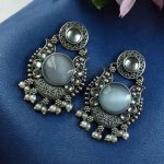 Beautiful Floral Art Earrings | Traditional Oxidized Silver Plated Pearl Work & Monalisa Stone Jewelry - "Grey"