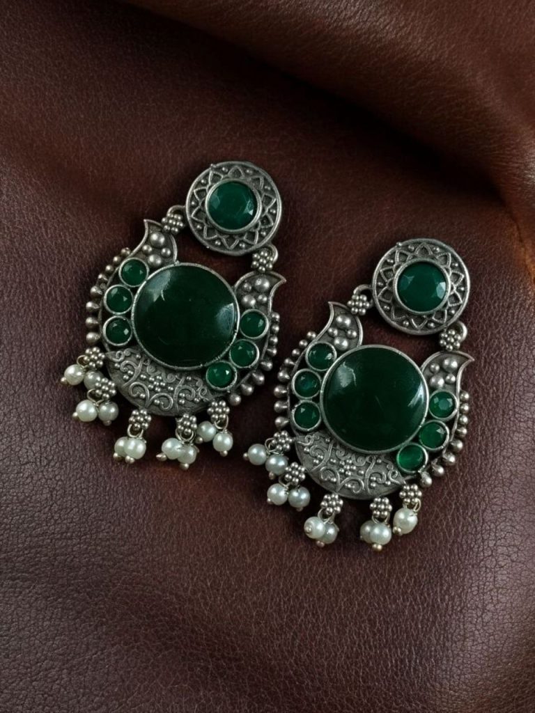 Bulk 594 Beautiful Floral Art Earrings | Traditional Oxidized Silver Plated Pearl Work & Monalisa Stone Jewelry - "Green"