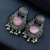Oxidized silver plated floral art earrings with pearl work and Monalisa stone.