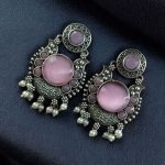 Beautiful Floral Art Earrings | Traditional Oxidized Silver Plated Pearl Work & Monalisa Stone Jewelry