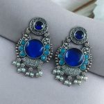 Beautiful Floral Art Earrings | Traditional Oxidized Silver Plated Pearl Work & Monalisa Stone Jewelry - "Aqua-Blue"