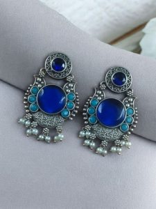 Beautiful Floral Art Earrings | Traditional Oxidized Silver Plated Pearl Work & Monalisa Stone Jewelry - color: "Aqua-Blue"