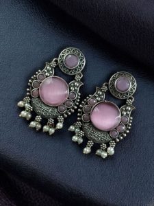 Beautiful Floral Art Earrings | Traditional Oxidized Silver Plated Pearl Work & Monalisa Stone Jewelry - color: "Baby Pink"