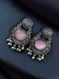Oxidized silver plated floral art earrings with pearl work and Monalisa stone.