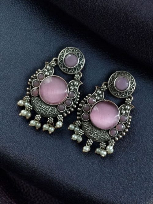 Oxidized silver plated floral art earrings with pearl work and Monalisa stone.