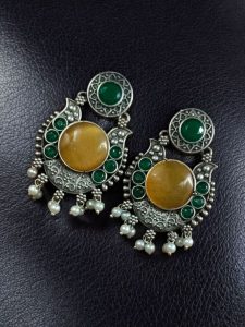 Beautiful Floral Art Earrings | Traditional Oxidized Silver Plated Pearl Work & Monalisa Stone Jewelry - color: "Green-Yellow"