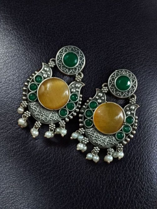 Beautiful Floral Art Earrings | Traditional Oxidized Silver Plated Pearl Work & Monalisa Stone Jewelry - Image 10