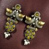 Two-tone bird earrings with pearl and stone work, lightweight ethnic dangler.