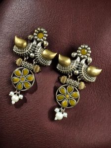 Traditional Two-Tone Bird Earrings | Lightweight Dangler with Pearl & Stone Work Unique Jewelry for Girls - color: "Yellow"