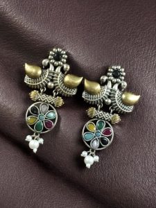 Traditional Two-Tone Bird Earrings | Lightweight Dangler with Pearl & Stone Work Unique Jewelry for Girls - color: "Multi"