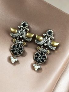 Traditional Two-Tone Bird Earrings | Lightweight Dangler with Pearl & Stone Work Unique Jewelry for Girls - color: "Black"