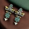 Two-tone bird earrings with pearl and stone work, lightweight ethnic dangler.