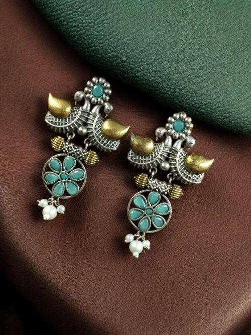 Two-tone bird earrings with pearl and stone work, lightweight ethnic dangler.