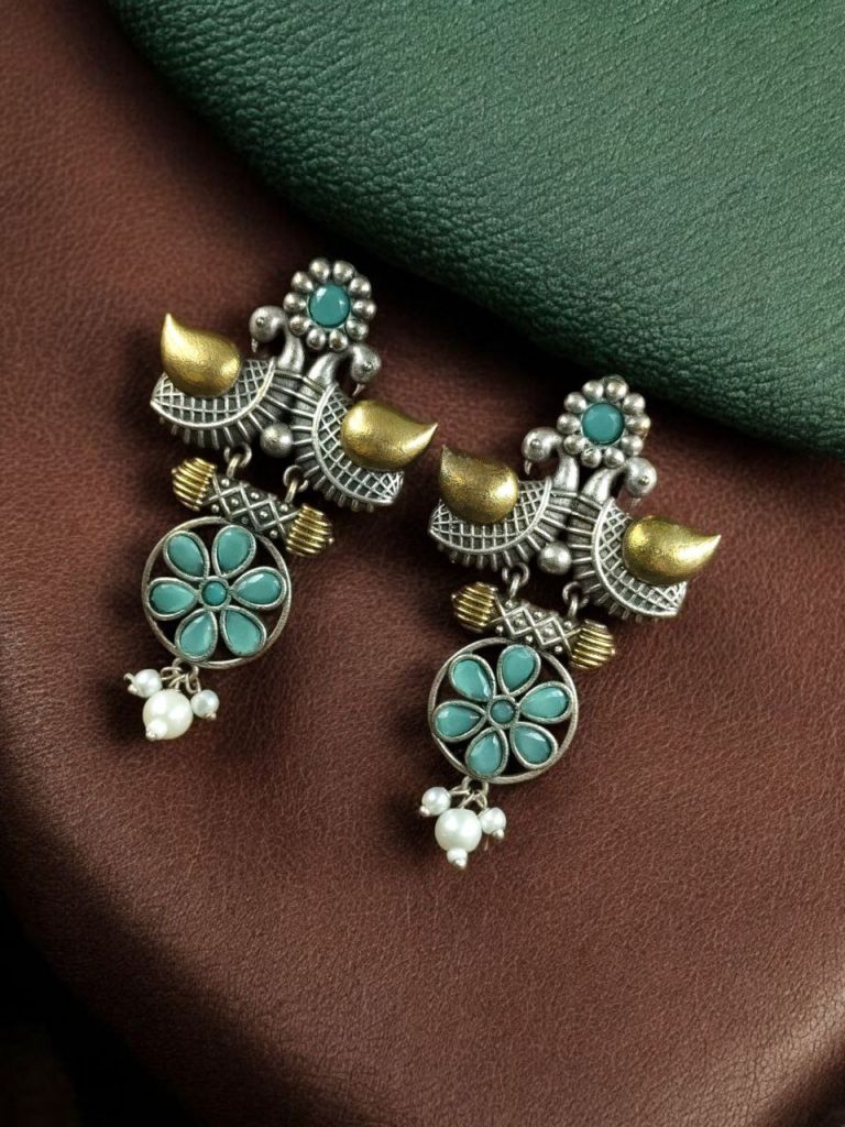 Bulk 342 Traditional Two-Tone Bird Earrings | Lightweight Dangler with Pearl & Stone Work Unique Jewelry for Girls - "Mint"