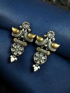 Traditional Two-Tone Bird Earrings | Lightweight Dangler with Pearl & Stone Work Unique Jewelry for Girls - color: "White"