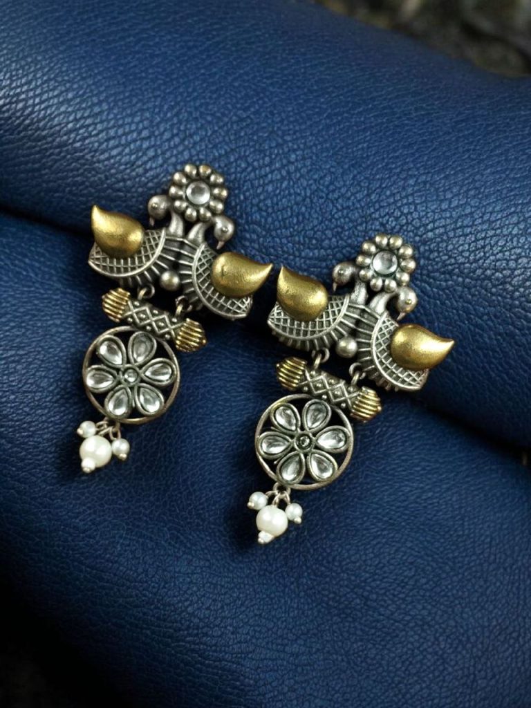 Bulk 326 Traditional Two-Tone Bird Earrings | Lightweight Dangler with Pearl & Stone Work Unique Jewelry for Girls - "White"
