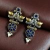 Two-tone bird earrings with pearl and stone work, lightweight ethnic dangler.