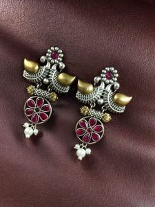 Traditional Two-Tone Bird Earrings | Lightweight Dangler with Pearl & Stone Work Unique Jewelry for Girls - color: "Red"