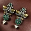 Two-tone bird earrings with pearl and stone work, lightweight ethnic dangler.