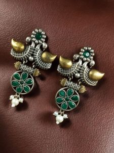 Traditional Two-Tone Bird Earrings | Lightweight Dangler with Pearl & Stone Work Unique Jewelry for Girls - color: "Green"