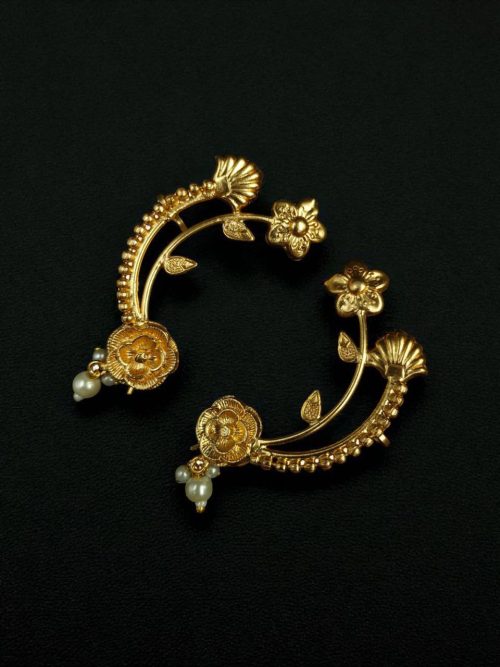 Gold plated rose earcuff with pearl ethnic design for women