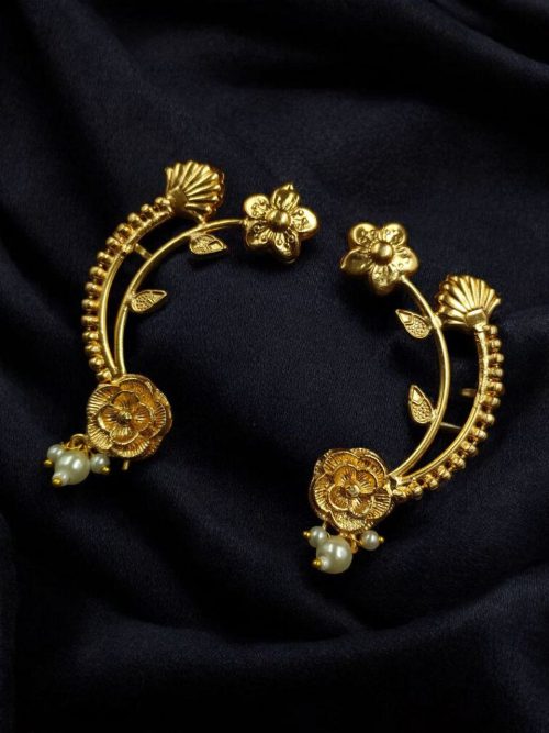 Gold plated rose earcuff with pearl ethnic design for women