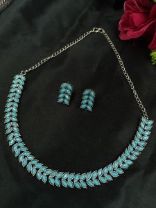 Beautiful Stone Work Leaf Necklace Set | Oxidized Silver Plated Ethnic Traditional Jewelry - color: "Aqua"