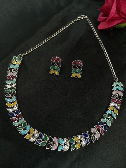 Oxidized silver plated leaf necklace set with stone work