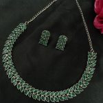 Beautiful Stone Work Leaf Necklace Set | Oxidized Silver Plated Ethnic Traditional Jewelry - "Green"