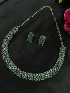 Beautiful Stone Work Leaf Necklace Set | Oxidized Silver Plated Ethnic Traditional Jewelry - color: "Green"