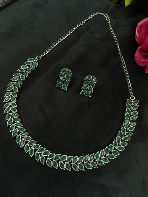 Oxidized silver plated leaf necklace set with stone work