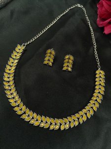 Beautiful Stone Work Leaf Necklace Set | Oxidized Silver Plated Ethnic Traditional Jewelry - color: "Yellow"